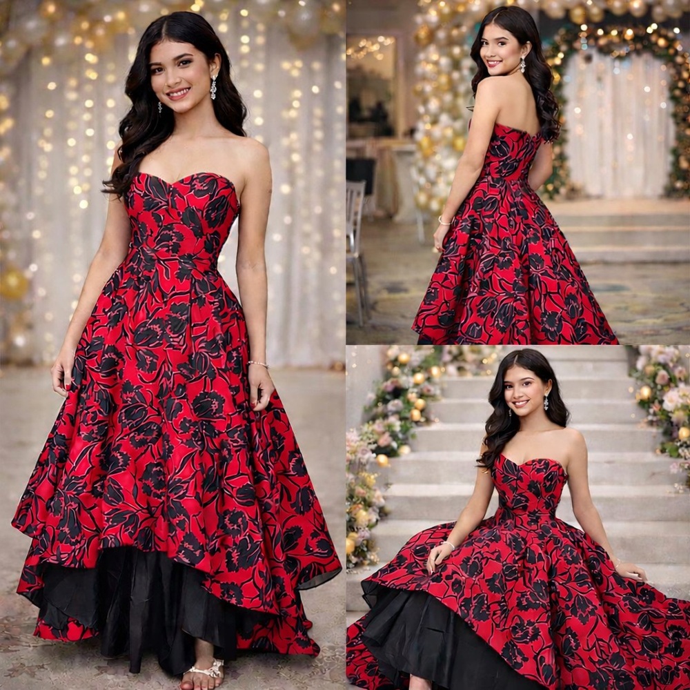 Sherri Hill Strapless Red Black Floral Prom Dress 8 High‎ Low Formal Quinceañera